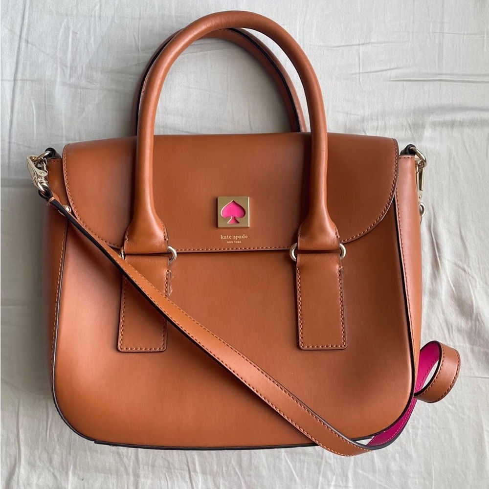 Kate Spade ♠️ Brown & Pink Leather Satchel Crossbody Bag 11"W × 10.5"H